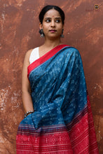 Load image into Gallery viewer, Flat lay of Annapriya teal blue Sambalpuri handloom saree — fish border, flower pallu, rice paddy body motif