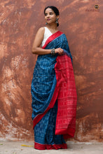 Load image into Gallery viewer, Handloom drape view of Annapriya — authentic Sambalpuri Bandha saree in teal blue, Bandhakala technique, Pasapali
