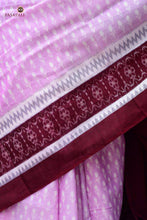 Load image into Gallery viewer, Overall flat lay of Annapurna Sambalpuri Bandha saree — pink and deep maroon mercerized cotton with ikat stripe pallu, Pasapali.