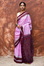 Load image into Gallery viewer, Front drape of Annapurna authentic Sambalpuri handloom saree — mercerized cotton in pink with deep maroon double ikat pallu, Pasapali.
