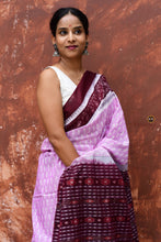 Load image into Gallery viewer, Annapurna pallu detail — flower motif and ikat stripe patterns in pink and deep maroon, Sambalpuri double ikat by Pasapali.