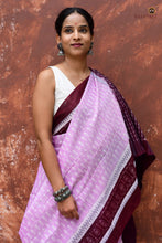 Load image into Gallery viewer, Body weave detail of Annapurna — Dhaana Patri rice paddy motif in pink Sambalpuri Bandha cotton saree by Pasapali.