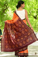 Load image into Gallery viewer, Woven texture close-up of orange mercerized cotton Sambalpuri saree by Pasapali, Bandhakala ikat technique, Odisha.