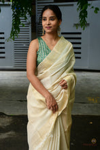 Load image into Gallery viewer, Striped golden zari pallu detail of natural tussar Sambalpuri silk saree from Pasapali — GI-tagged handloom from Odisha.