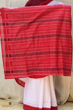 Load image into Gallery viewer, Bhargavi handloom drape — white Sambalpuri Bandha saree with red border and ikat flower pallu by Bhulia weavers, Pasapali
