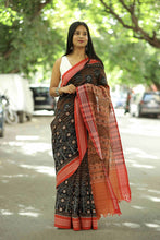 Load image into Gallery viewer, Black Sambalpuri Cotton Saree with Stripes, Mini Paspalli, and Tree Motifs – Pasapali