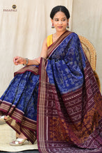 Load image into Gallery viewer, Draped front view of blue mercerized cotton Sambalpuri saree with deep maroon pallu, Pasapali