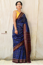 Load image into Gallery viewer, Hero view: blue Sambalpuri Bandha cotton saree with maroon pallu and jhoti motifs by Pasapali