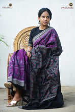 Load image into Gallery viewer, Chitralekha Sambalpuri cotton saree front drape — purple with black border, double ikat Bandha weave by Bhulia weavers