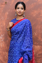 Load image into Gallery viewer, Devyani front drape detail — Sambalpuri Bandha fish and tribal motifs on blue mercerized cotton saree, Pasapali