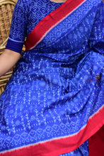 Load image into Gallery viewer, Handloom drape view of Devyani — GI certified Sambalpuri cotton saree in blue and red by Pasapali, Odisha
