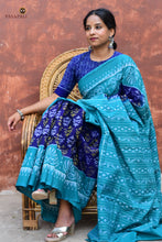 Load image into Gallery viewer, Draupadi — Blue Sambalpuri Bandha mercerized cotton saree, full hero view, flower motif body, Pasapali