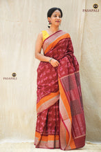 Load image into Gallery viewer, Harini maroon Sambalpuri cotton saree front drape — deer motif stripe body, Pasapali