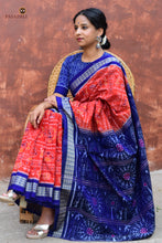 Load image into Gallery viewer, Kalapini orange-blue Sambalpuri cotton saree draped front view, fish motif border visible, Pasapali handloom