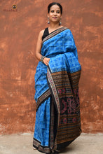 Load image into Gallery viewer, Kaushalya Sambalpuri cotton saree draped front view — Blue and Black Bandha ikat with flower motifs on body by Pasapali