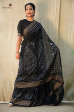 Load image into Gallery viewer, Body weave detail of Krishnakali black Sambalpuri cotton saree — tribal motifs in Bandha double ikat by Bhulia weavers