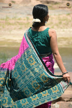 Load image into Gallery viewer, Mercerized cotton texture close-up — Kumudini Sambalpuri handloom saree showing thread count and weave surface.
