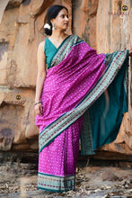 Load image into Gallery viewer, Kumudini Sambalpuri Bandha saree folded — Purple Pink and Green mercerized cotton, Pasapali handloom collection.