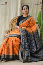 Load image into Gallery viewer, Kusumita Sambalpuri Bandha saree hero view — mercerized cotton, mustard yellow and black, Pasapali Odisha