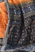 Load image into Gallery viewer, Kusumita Sambalpuri cotton saree front drape — mustard yellow with black Rudraksha border, Pasapali handloom