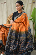 Load image into Gallery viewer, Mercerized cotton weave texture detail — Kusumita Sambalpuri Bandha saree in mustard yellow, Pasapali