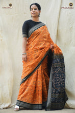 Load image into Gallery viewer, Kusumita Sambalpuri handloom saree draped view — mustard yellow Bandha cotton with Rudraksha border, Pasapali