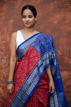 Load image into Gallery viewer, Kusumita Red Sambalpuri Bandha mercerized cotton saree by Pasapali — full hero view with chevron flower buta body