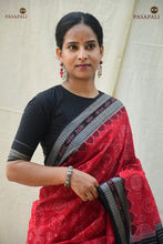 Load image into Gallery viewer, Lakshmiyantra red Sambalpuri Bandha mercerized cotton saree, full view — Pasapali handloom