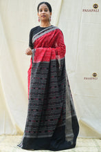 Load image into Gallery viewer, Lakshmiyantra red Sambalpuri cotton saree front drape — Bandha double ikat, Bhulia weavers Odisha