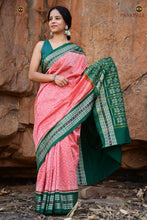 Load image into Gallery viewer, Madhujaal Sambalpuri Bandha cotton saree draped front — Bandhakala double ikat in peach and green | Pasapali