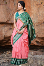 Load image into Gallery viewer, Madhujaal Sambalpuri saree border detail — fish motif woven by Bhulia weavers Odisha in green on peach | Pasapali