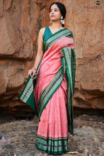 Load image into Gallery viewer, Madhujaal Sambalpuri handloom saree pallu detail — Bandha flower motifs on peach mercerized cotton | Pasapali