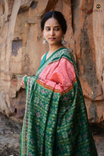 Load image into Gallery viewer, Madhujaal Peach Sambalpuri cotton saree front drape — double ikat jala pattern and green accents visible | Pasapali