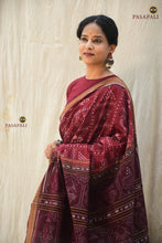 Load image into Gallery viewer, Body weave detail of Mahalakshmi — lotus & jhoti chitra in maroon Sambalpuri Bandha cotton, Pasapali
