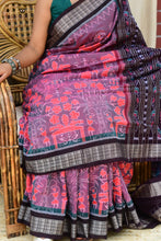 Load image into Gallery viewer, Front drape of Maitreyi authentic Sambalpuri handloom saree — pink mercerized cotton with tribal motifs on body | Pasapali