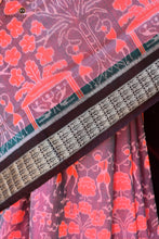Load image into Gallery viewer, Fish motif border close-up on Maitreyi Sambalpuri cotton saree — resist-dyed ikat border in brown on pink ground | Pasapali