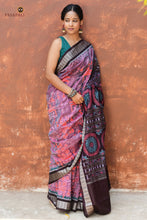Load image into Gallery viewer, Body weave detail of Maitreyi Sambalpuri cotton saree — tribal motifs in pink and brown on 120-count mercerized cotton | Pasapali