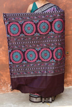 Load image into Gallery viewer, Handloom drape view of Maitreyi Sambalpuri cotton saree — tribal motif body with fish motif border in natural drape | Pasapali