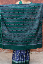 Load image into Gallery viewer, Pallu detail of Mandakranta — geometrical ikat patterns in blue and green on Sambalpuri Bandha cotton saree by Pasapali