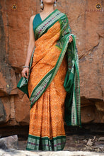 Load image into Gallery viewer, Mangala Jyoti yellow Sambalpuri Bandha mercerized cotton saree full view — Diya body, fish border, flower pallu | Pasapali
