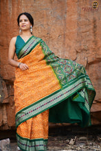 Load image into Gallery viewer, Mangala Jyoti yellow Sambalpuri cotton saree folded — showing Diya motif, fish border and flower pallu layers | Pasapali