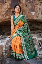 Load image into Gallery viewer, Mangala Jyoti Sambalpuri Handloom saree draped view — yellow mercerized cotton with green fish border | Pasapali