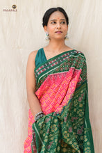 Load image into Gallery viewer, Handloom drape view of Mangala Sambalpuri cotton saree — Bandhakala double ikat weave in pink by Pasapali