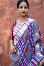 Load image into Gallery viewer, Narmada Kotpad handloom saree front drape — blue Tussar Cotton Silk with fish motifs and phoda kumbha interlocking border, Pasapali