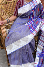 Load image into Gallery viewer, Phoda kumbha border close-up on Narmada blue Kotpad saree — interlocking technique, natural dye, Mirgan tribal weavers Odisha