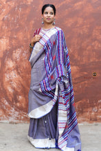 Load image into Gallery viewer, Narmada pallu detail — Kotpad tribal motifs: fish, tortoise, temple and animal in off-white and blue natural dyed Tussar Cotton Silk