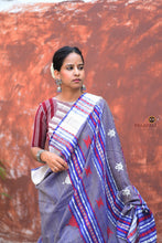 Load image into Gallery viewer, Body weave detail of Narmada Kotpad saree — checks with fish motifs, aal bark natural dye, Tussar Cotton Silk, Pasapali