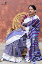 Load image into Gallery viewer, Narmada blue Kotpad handloom saree folded — off-white checks, natural dye fabric detail, GI certified Kotpad textile, Pasapali