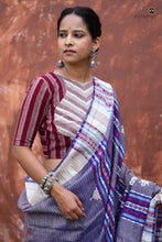 Load image into Gallery viewer, Fish and tortoise motif detail on Narmada pallu — authentic Kotpad handloom, aal bark dye, Mirgan tribal weavers Odisha, Pasapali