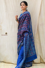 Load image into Gallery viewer, Neelima Sambalpuri cotton saree — front drape detail showing navy blue Bandha weave and Rudraksha border